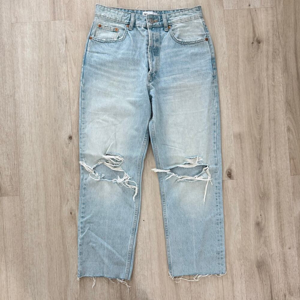 Zara High Rise Light Wash Distressed Straight Leg Jeans Ripped Knees Raw Hem 6